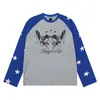 Camiseta raglán de manga larga estilo retro americano con doble caballo personalizada para hombre y mujer, marca de moda, estampado de estrellas, color blocking, textura gofrada, camiseta base de corte holgado