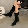Botas de bico fino com pelo, salto grosso feminino, botas de cowboy ocidentais, 2024, novas botas simples de primavera, outono e verão, cano médio, salto alto, botas curtas