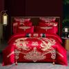 Nueva sábana de algodón de cuatro piezas con bordado de dragón chino y fénix, gran juego de cama rojo para boda, funda de edredón y conjunto de seis piezas para boda.