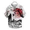 Nueva Camisa Hawaiana para Hombre Paisaje con Tinta Estampado de Sol Transfronteriza Europea y Americana Camisa de Lino de Bambú de Manga Corta con Cuello en V