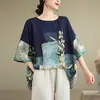 Foto real verão 2024 novo cânhamo algodão étnico manga morcego 91792# solta plus size feminina gola redonda camiseta feminina