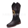 Botas de Caballero Altas Bordadas con Girasol Vintage para Mujer, Estilo Europeo y Americano, Punta Redonda, Tacón Grueso, Botas Largas