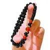 Pulseira Autêntica Estilo Vintage com Múltiplos Círculos de Calcedônia Vermelha Natural e Ágata Negra