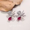 Pendientes de Lazo de Moda de Lujo Ligero Estilo Coreano con Circonitas Completas, Pendientes de Gota de Corindón Rojo de Gama Alta, Pendientes Elegantes para Mujer