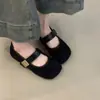 Zapatos Mary Jane retro Chuyuji para mujer con punta redonda y hebilla metálica, zapatos planos elegantes de gamuza, zapatos planos de corte bajo estilo ballet