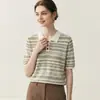 Top de tricô de alta qualidade estilo francês com blocos de cor listrados, gola polo, manga curta para mulheres, verão 26, seda gelada fina, elegante e emagrecedor