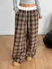 Calça Xadrez Feminina Retro de Chão Wide Leg Amazon Y2 Cintura Elástica Versátil Confortável Calça Casual de Perna Reta