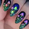 Uñas postizas removibles para manicura, con forma de almendra, cielo estrellado negro, patrón de setas pequeñas coloridas, decorativas