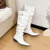 Edição de Couro~Design de Nicho Bico Apontado Franjas Acumuladas Botas Novo Estilo Circunferência Grande da Panturrilha Fivela de Cinto Botas Longas Cano Alto Botas de Montaria