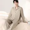 Pijama atacado de manga longa e calça longa para mulheres, novo tecido de algodão stretch de outono, cardigã masculino com gola de lapela, roupa para casa para casais