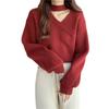 Estilo Coreano Estilo Holgazán Delgado Casual Color Puro Tejido Ropa Interior 2024 Nuevo Cuello en V Suéter Holgado Manga Linterna para Mujer
