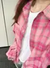 Camisa Xadrez Rosa Feminina Verão 2025 Top Fino Coreana Solta Casual Proteção Solar Manga Longa Camisa Casaco Tendência