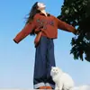 Jaqueta Suéter com Gola Jacquard Vermelha para Mulheres 2026 Primavera Estilo Casual Retrô Preguiçoso Slim Fit Cardigan com Zíper