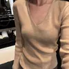 Nuevo Suéter de Punto de Manga Larga con Cuello en V de Color Sólido 2025 para Mujer, Top Básico Casual Simple para Otoño e Invierno