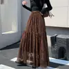 Falda Larga de Encaje Retro con Temperamento Falda Campana para Mujer 2026 Otoño Invierno Nueva Cintura Alta Adelgazante Línea A Dobladillo Ancho