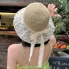 Sombrero de Paja con Encaje para Mujer de Ala Ancha Transpirable de Verano Sombrero de Sol para la Playa Cubre Cara Completa Parasol Sombrero Protector Solar Moderno