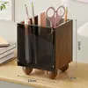 Porta-canetas para mesa de escritório, organizador executivo de madeira maciça de luxo leve, caixa de armazenamento de material escolar infantil com abertura inclinada