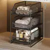 Mueble para lavabo de baño con estantes de almacenamiento, organizador extraíble para debajo del lavabo y almacenamiento en capas para artículos de tocador y desagües.