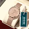 Relógio Dom Feminino Série Estrelada Quartzo Moda Estudante Relógio Feminino Mostrador Preto Pulseira de Malha Ouro Rosa Mostrador Grande Calendário