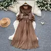 Vestido de lunares estilo coreano con mangas de farol para mujer, entallado en la cintura, con cinturón para anudar, vestido largo plisado, adecuado para ir al trabajo, elegante, adelgazante, vestido de estilo nicho europeo y americano