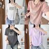 100kg Verão Novo Estilo para Mulheres Plus-Size: Simples Decote V Cintura Marcada Estampa de Letras Manga Curta Versátil Meia Manga Mulher 7657