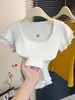 Camiseta corta de manga corta con volantes estilo francés para mujer, pura y seductora, corte ajustado, cuello cuadrado, de alta gama, top versátil y moderno