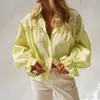 Transfronterizo europeo y americano 2026 nuevo modelo Xiyin comercio exterior ropa de mujer algodón lino cuello camisero manga de campana cuadros botón manga larga camisa