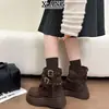 Botines estilo retro de piel de oveja color marrón Melard para mujer, con suela gruesa, que aumentan la altura, botines cortos, plisados, botines apilados, botines de tubo