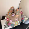 Bolso de Mano Casual de Gran Capacidad para Verano, Bolso de Hombro, Bolso Cruzado de Paja Tejida para Vacaciones en la Playa con Cintas de Colores, Bolso Tejido Hueco para Mujer