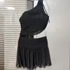 Traje de Baño Negro Estilo Vestido para Mujer, Una Pieza Estilo Falda, Adecuado para Vacaciones en Aguas Termales, Sexy y Versátil, Se Puede Usar Afuera, Traje de Baño para Vacaciones en Aguas Termales
