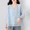 2025 Verano Diseño Delgado Cuello en V Encaje Bordado Azul Fresco Moda Nueva para Mujer Camisa Corta Adelgazante