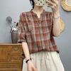Camisa Xadrez de Algodão Puro com Manga Média de Camada Dupla para o Verão Versátil Casual Top Feminino Solto Artístico Retrô Moda