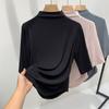Camiseta Básica de Cuello Medio para Mujer, Delgada, Nuevo Look Adelgazante 2025, Hombro Derecho, Manga Media, Cintura Fruncida, Top Interior