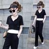 Chaleco de tres piezas de moda informal de talla grande para mujer, top corto con capucha y cordón ajustable, pantalones anchos con cintura elástica, pantalones casuales de moda