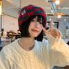 Gorro de Punto a Cuadros de Ajedrez para Mujer Otoño e Invierno Estilo Coreano Nicho Cabeza Grande Lana Estilo Japonés Showface Pequeño Gorro de Navidad