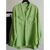 Top Protetor Solar de Linho Verde Grama Estilo Japonês Feminino Fino de Alta Qualidade Nova Camisa Fina Camisa de Linho Verão 2025
