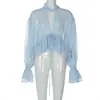 Moda transfronteriza europea y americana para mujer, otoño, nueva blusa de gasa de color liso con volantes y corbata con cintas elegantes, top ligero
