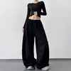 Calças Casuais Americanas Largas de Perna Larga Femininas Outono Novo Design de Botão Cintura Alta Emagrecimento Caimento Calças de Moletom Esportivas