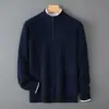 Suéter Masculino Gola Meia-Alta com Zíper Espesso 100% Lã Pura Casual Solto Malha Cashmere Camada Base Top