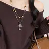 Sensação Luxuosa~Colar de Pérolas com Pingente Cruz Planeta Olho de Tigre para Mulheres, Corrente de Suéter Acessório de Luxo Leve de Alta Qualidade