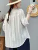 Camisa listrada de algodão puro com decote V para mulheres, manga média, corte solto, versátil, branca, top leve, camisa de malha torcida, modeladora e moderna