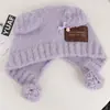 Gorro de punto patchwork lindo estilo japonés con orejas de oso para mujer, cálido y protector para los oídos para otoño e invierno, adecuado para tallas de cabeza grandes, con pompón y diseño de punto