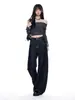 Jeans para mulheres com design de botão parisiense e barra curva, novo modelo outono 2026, cós traseiro ajustável, calça de perna larga
