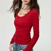 Camisa Básica de Algodão Penteado para Mulheres, Novo Estilo de Outono, Camiseta de Manga Longa com Gola U, Modelagem Justa, Versátil, Top Interno Simples de Cor Lisa