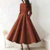 Comercio Exterior Transfronterizo Europeo y Americano Vestido de Pana Elegante para Viajar Color Sólido Dobladillo Ancho Cuello Redondo Cremallera Manga Larga Falda Larga