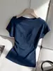 Blusa azul única y elegante sin hombros para mujer, Camiseta de verano sin hombros de manga corta, Top moderno y elegante que ajusta la cintura