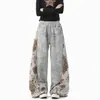 Pantalones deportivos de retazos con estampado de leopardo estilo asiático, dobladillo curvo, para hombre y mujer, primavera y otoño, vintage, desgastados, casuales, rectos, holgados, con cordón, de pierna ancha