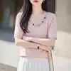 Elegante Top de Punto con Cuello Redondo, Manga Corta y Adorno de Perlas para Mujer, Camiseta Fina de Tencel para Verano, Suéter Holgado de Moda