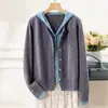 Novo Cardigã de Tricô Color Block Feminino 100% Lã, Peça Falsa Dupla, com Capuz, Suéter com Capuz, Segunda Pele de Cashmere