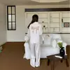 Pijama de Encaje Hueco a Rayas de Seda Helada para Mujer Primavera Verano Perezoso de Gama Alta Holgado Casual Ropa de Casa